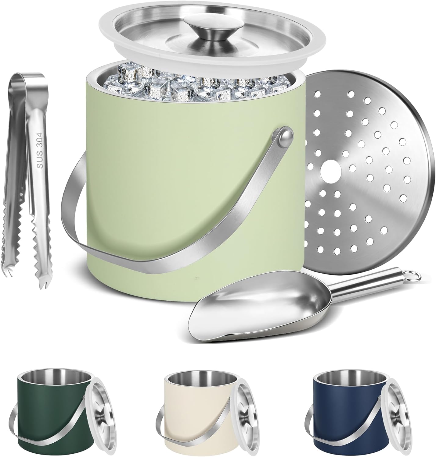 Ice Bucket, Ice Bucket with Silicone Sealing Ring Double-Wall Vacuum Insulation Champagne Buckets with Filter Layer Ice Tongs Ice Scoop (Gold, 3 L)