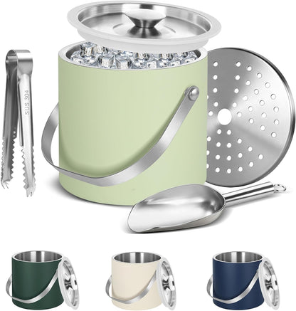 Ice Bucket, Ice Bucket with Silicone Sealing Ring Double-Wall Vacuum Insulation Champagne Buckets with Filter Layer Ice Tongs Ice Scoop (Gold, 3 L)
