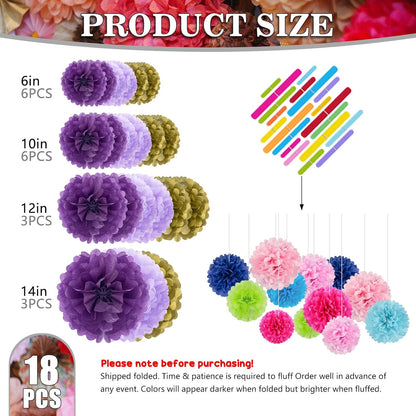 Tissue Paper Pom Poms, Pink Tissue Paper Flowers, Hanging Flower Balls for Weddings Fiesta Parties Birthday Baby Showers Classroom Bridal Shower Decoration (18Piece Set-6/10/12/14Inch)