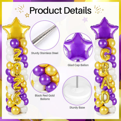 2 Sets Graduation Balloon Column Stand Kits with Balloons 2026 Grad Themed Decoration Navy Blue Balloon Tower Stand Kit for Grad High School & College Celebration Party Decor