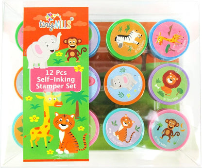 TINYMILLS 12 Pcs Safari Jungle Animals Stamp Kit for Kids Self Inking Stamps Gift Jungle Book Party Favor Bag Stuffer Teacher Stamps