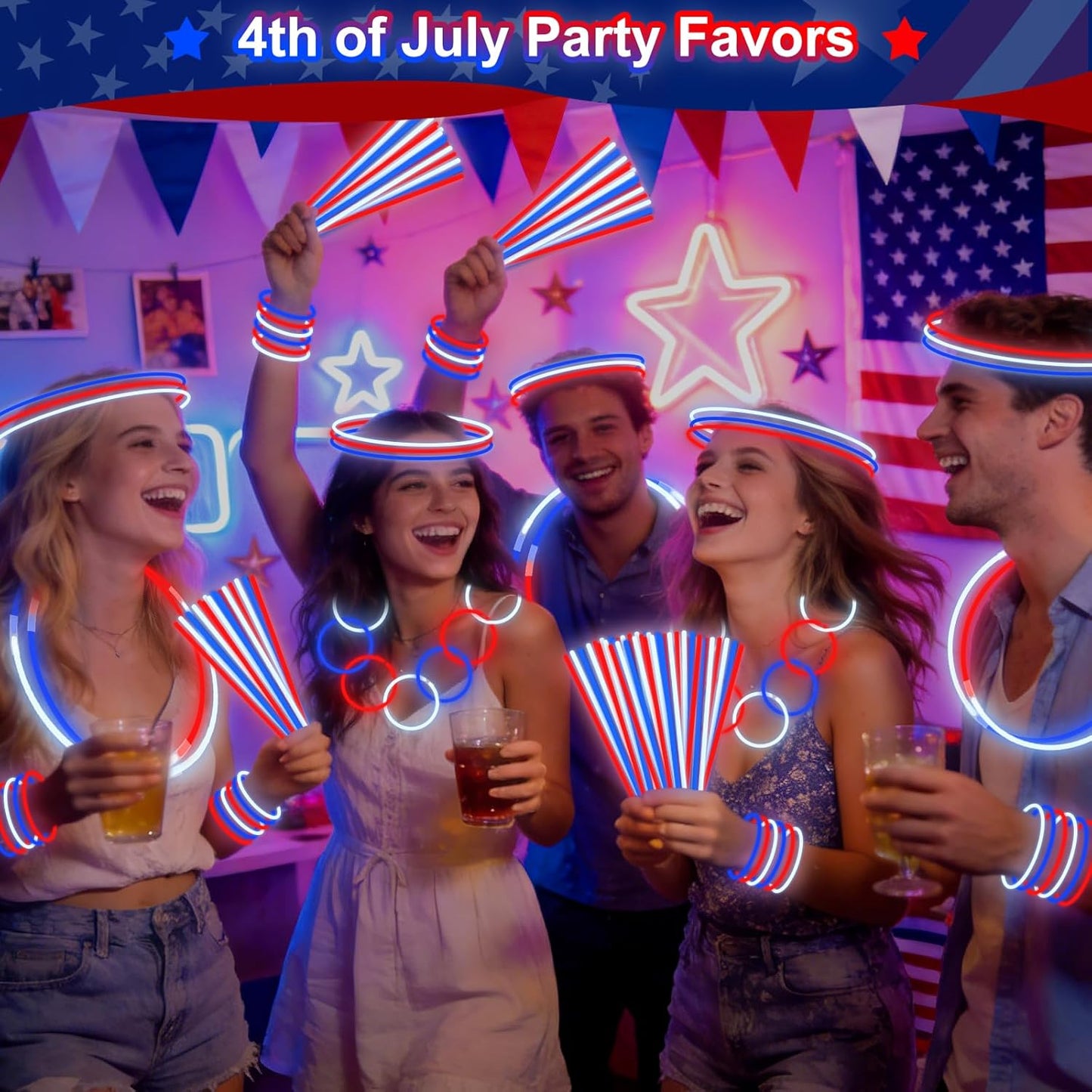 200 Pack 4th of July Glow Sticks Party Favors with Connectors,Patriotic Red White Blue Glow Stick Bracelets Nacklaces Glow in the Dark Party Accessories Memorial Day Decorations,250th Anniversary USA
