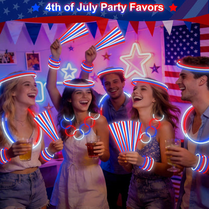 200 Pack 4th of July Glow Sticks Party Favors with Connectors,Patriotic Red White Blue Glow Stick Bracelets Nacklaces Glow in the Dark Party Accessories Memorial Day Decorations,250th Anniversary USA
