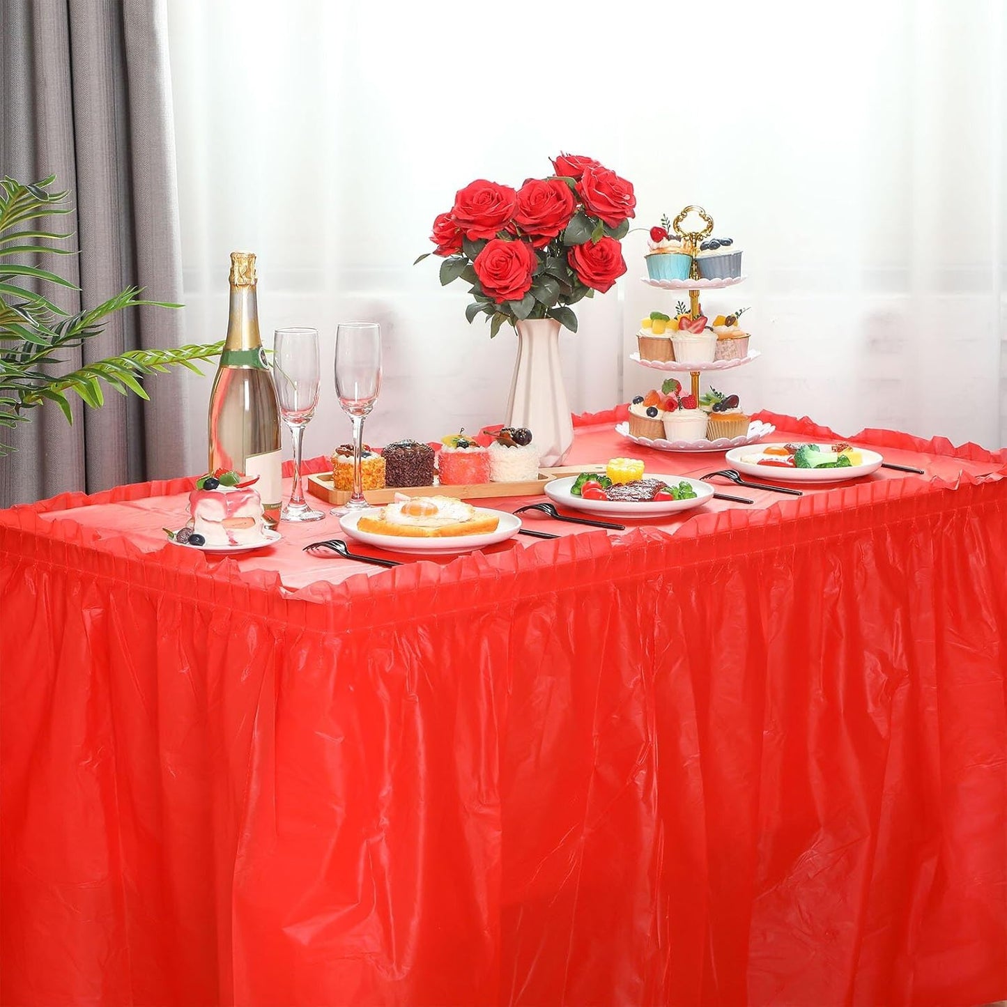Oudain 6 Pcs Plastic Table Skirts and Stainproof Table Cloths 54 x 108 in Plastic Ruffle Tablecloth 168 x 29 Inches Disposable for Wedding Baby Shower Valentine Spring Easter Party(White)