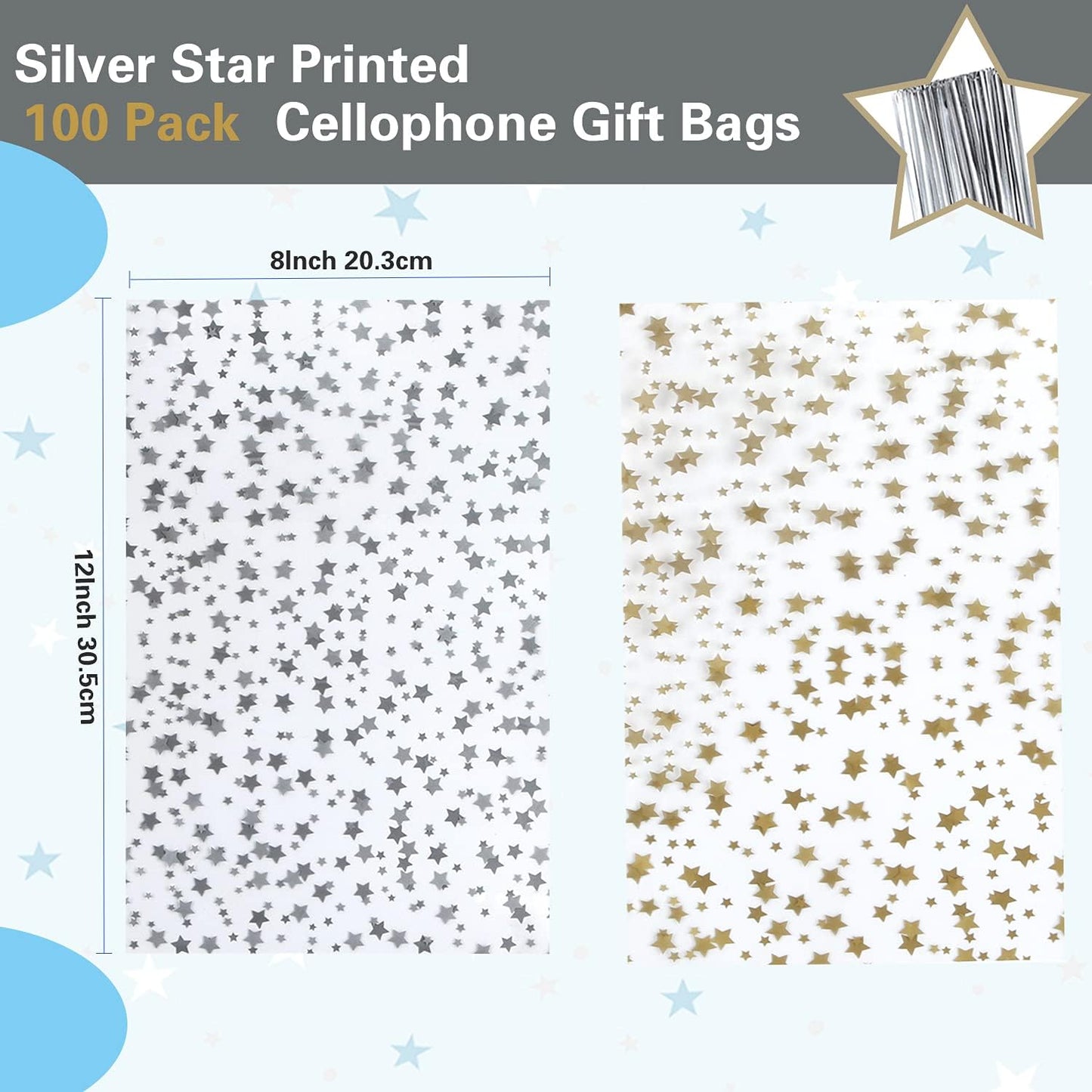 100 Pcs Star Printed 5"X 7" Gift Wrap Cello Cellophane Treat Bags Party Favor bags Clear Candy Cookie Bag Plastic Poly Goodie Storage Bag with Twist Ties for Bakery,Birthday, Wedding ,Party Decorations (Gold)