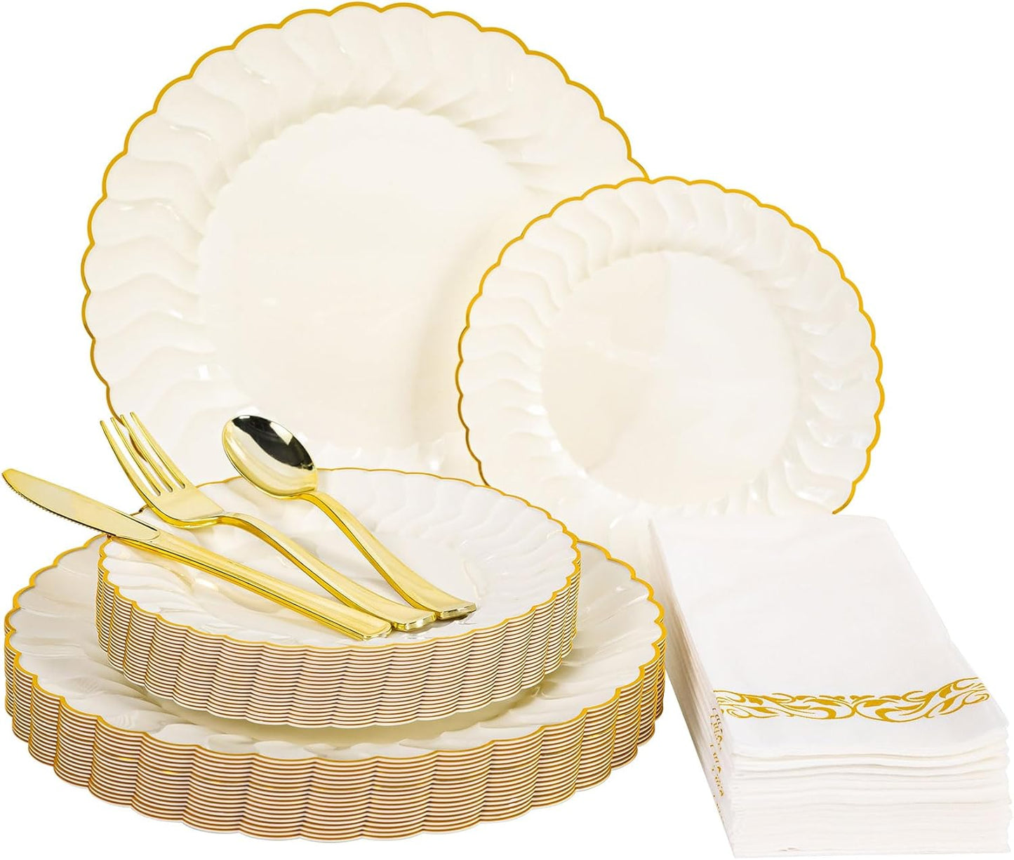 Lullaby 60PCS Ivory Scalloped Plastic Plates with Gold Rim, Disposable Elegant Plates Include 30pcs Dinner Plate 10.25", 30pcs Plastic Dessert Plate 7.5", Perfect for Wedding and Party
