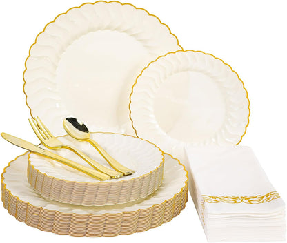 Lullaby 60PCS Ivory Scalloped Plastic Plates with Gold Rim, Disposable Elegant Plates Include 30pcs Dinner Plate 10.25", 30pcs Plastic Dessert Plate 7.5", Perfect for Wedding and Party