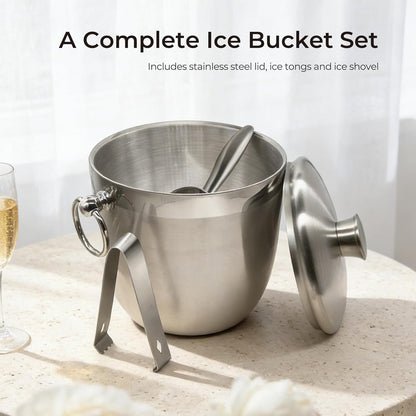 Fortune Candy Insulated Ice Bucket - Double Walled Stainless Steel Ice Bucket with Ice Tongs, Scoop, Lid, and Exclusive Handmade Nylon Holder - 2.8 L (Black)