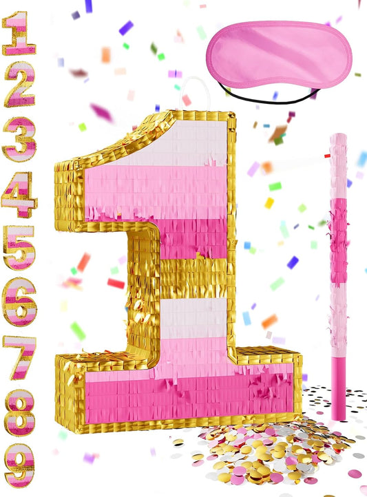 Number 5 Piñata with Stick, Blindfold & Confetti-Pink Piñata for Birthday Parties, Complete Party Game Set for Kids Girls-Gradient Pink Birthday Decor with Fillable Design(Small, 16.5 x 11.5 x 3 In)