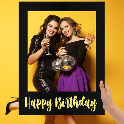 Beeveer 32 x 24 Inch Extra Large Happy Birthday Photo Booth Selfie Frame Props Picture DIY Cutouts Photo Backdrop Cardboard Props for Party Supplies Favors(Vertical,Shiny Gold)