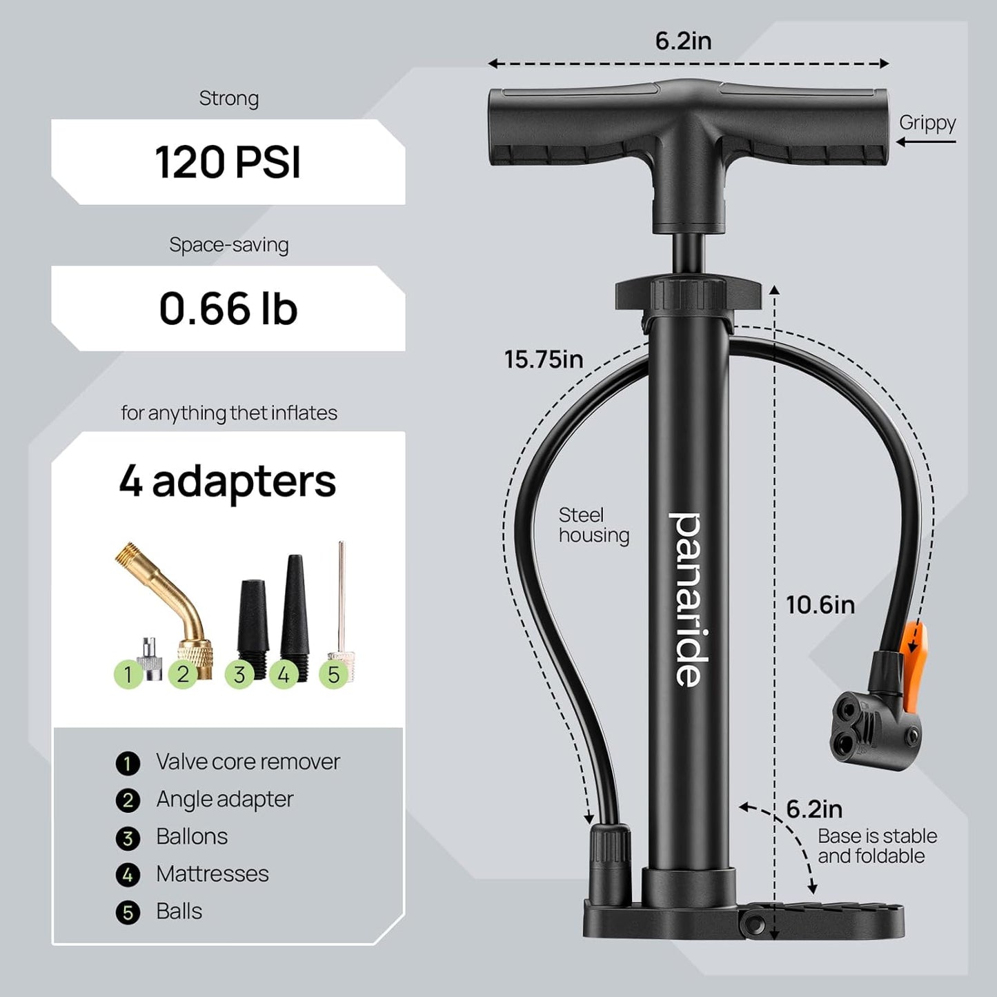 Bike Pump Floor, Advanced Bike Tire Inflator, Bicycle Hand Air Pump with Dual Presta and Schrader Valves, Handheld Pump, Suitable for Road and Mountain Bikes, Baby Stroller, Balls