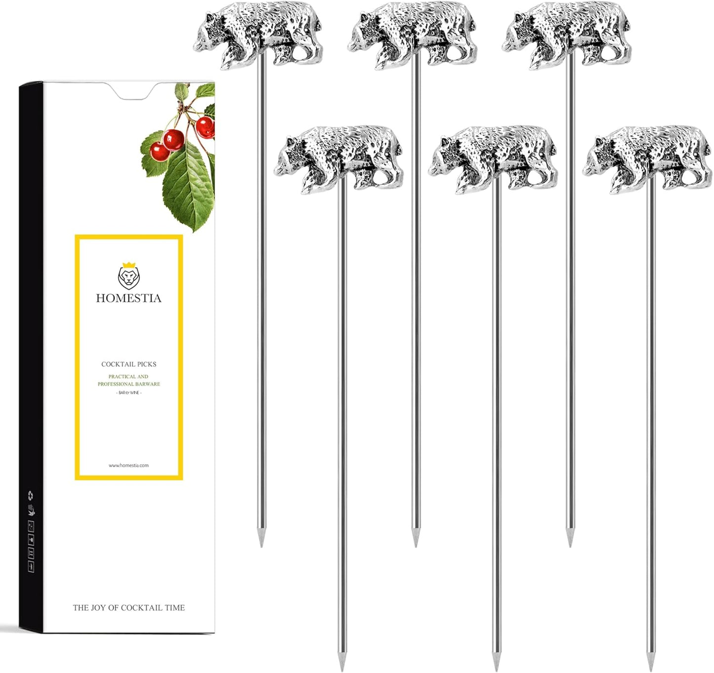 Homestia Stainless Steel Cocktail Picks, 4.7 Inch Reusable Martini Olive Picks, Metal Garnish Skewers for Drinks, Appetizers, Bloody Mary - Set of 6 Metal Cocktail Picks for Party Bar