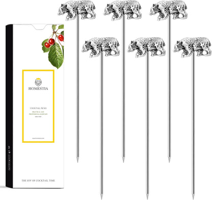 Homestia Stainless Steel Cocktail Picks, 4.7 Inch Reusable Martini Olive Picks, Metal Garnish Skewers for Drinks, Appetizers, Bloody Mary - Set of 6 Metal Cocktail Picks for Party Bar