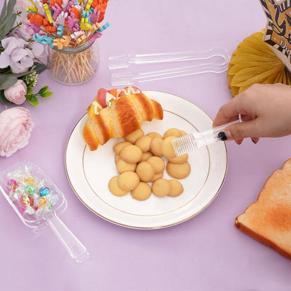 12Pcs Clear Plastic Ice Scoops Tongs Set, Small Tongs for Serving Food, Mini Candy Scoops for Candy Buffet Dry Goods Freezer Bin Canisters (Clear Pink)