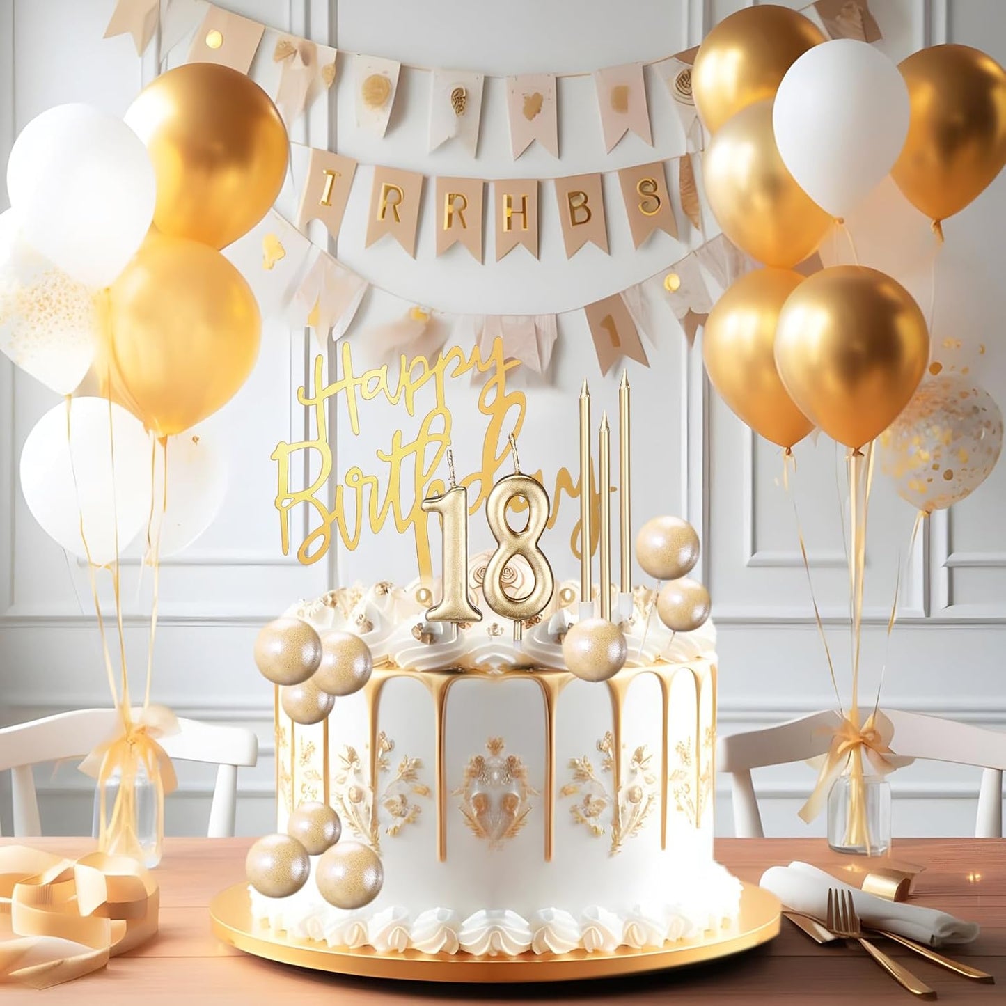 Yerliker 34 Pcs Happy Birthday Cake Toppers Decorations Birthday Candles DIY Cake Decor for Men Women Wedding Anniversary(Gold)