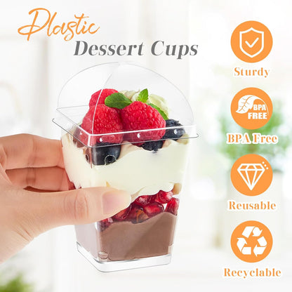 Kucoele 50 Pack 5 oz Dessert Cups with Lids and Spoons, Clear Plastic Parfait Appetizer Cups Dessert Shooters Party Serving Cups for Pudding Fruit Mousse and Yogurt