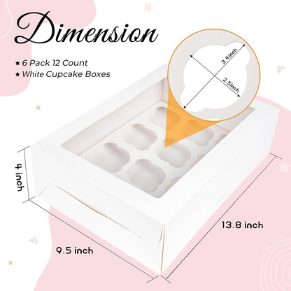 NPLUX 6 Pack Cupcake Boxes, 12 Count Cupcake Containers with Window and Cardborad, Food Grade Cupcake Carrier For Muffins Cupcakes Desserts (White 13.8×9.5×4 In)