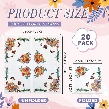 Crtiin 20 Pack Decoupage Napkins Floral Napkins Flower Cocktail Paper Decorative Toilet for Valentine's Day Birthday Party Beautiful Gorgeous, 20 Styles Each 6.5 Inches(Style 1)