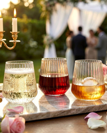 Ciaell 30 Pack Pink Plastic Ribbed Wine Glasses, 12 OZ Origami Stemless Disposable Wine Champagne Whiskey Glasses Unbreakable Clear Plastic Cocktail Glasses, Wine Cups for Party Wedding