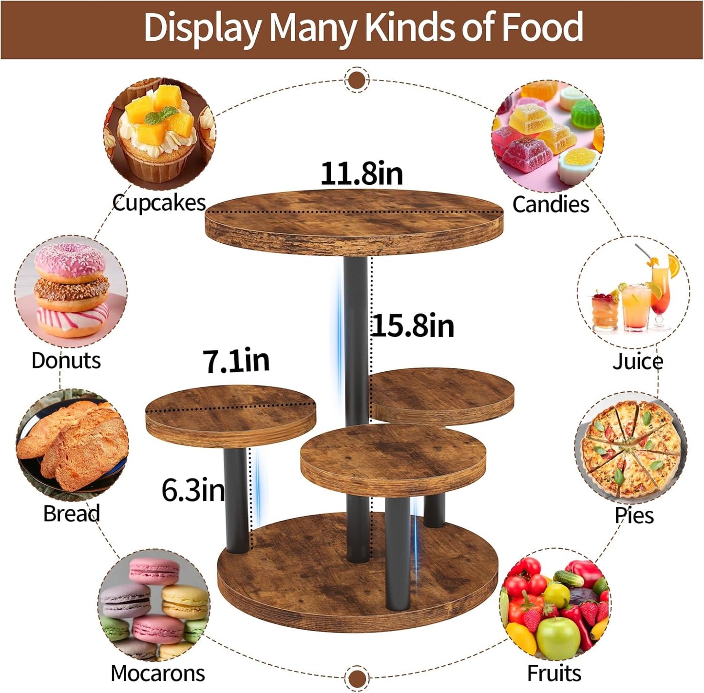 Cupcake Stand, Rotatable Cupcake Stand, Rustic Industrial Wood Cake Stand Cupcake Tower, Dessert Table Display Set Tiered Tray Stand, Round Serving Tray Cake Stands for Party Wedding Birthday