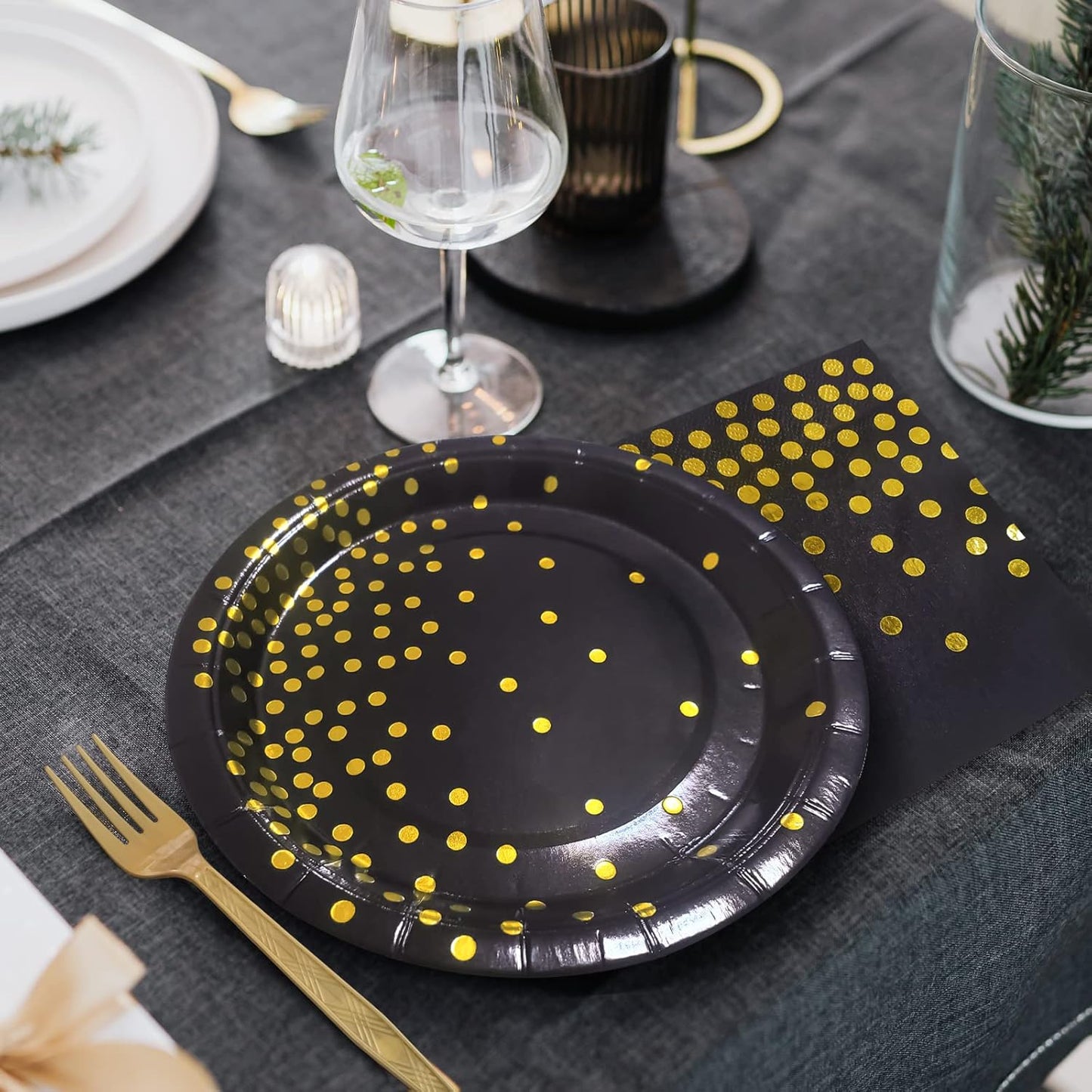 White and Gold Paper Plates Napkins Party Supplies,Disposable Gold Dot Paper Dessert Plates,105 PCS Birthday Plates and Napkins Party Supplies for Wedding(Serves 35 Guests 7")