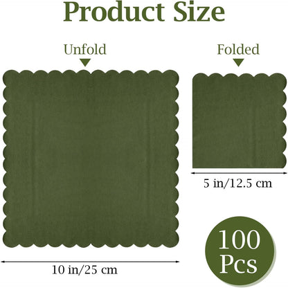 100 Pcs Cocktail Napkins, 2-Ply 5 x 5 Inches Disposable Scalloped Napkins, Thick Premium Dessert Napkins for Party, Wedding, Dinner, Birthday, Anniversary, Festival (Sage Green)