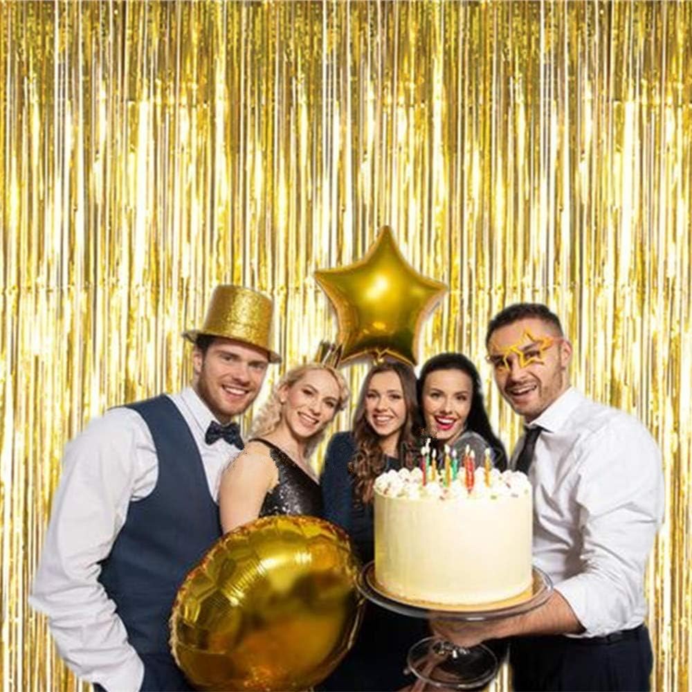 i-CHONY 2 Pcs 3.2ft x 8.2ft Champagne Gold Metallic Tinsel Foil Fringe Curtains Photo Booth Backdrop for Baby Shower Birthday Wedding Holiday Celebration Bachelorette Party Decorations