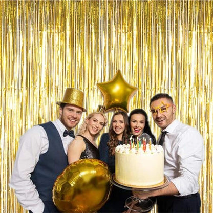 i-CHONY 2 Pcs 3.2ft x 8.2ft Champagne Gold Metallic Tinsel Foil Fringe Curtains Photo Booth Backdrop for Baby Shower Birthday Wedding Holiday Celebration Bachelorette Party Decorations