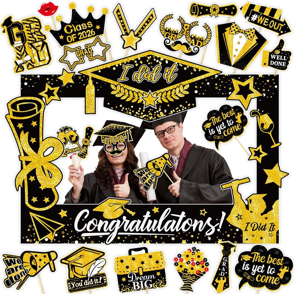 31 Pcs Graduation Photo Booth Props with Paper Big Frame 2026 Grad Party Supplies Gold Black Selfie Photo Props Funny Selfie Photos Frame Graduation Party Photography Decoration