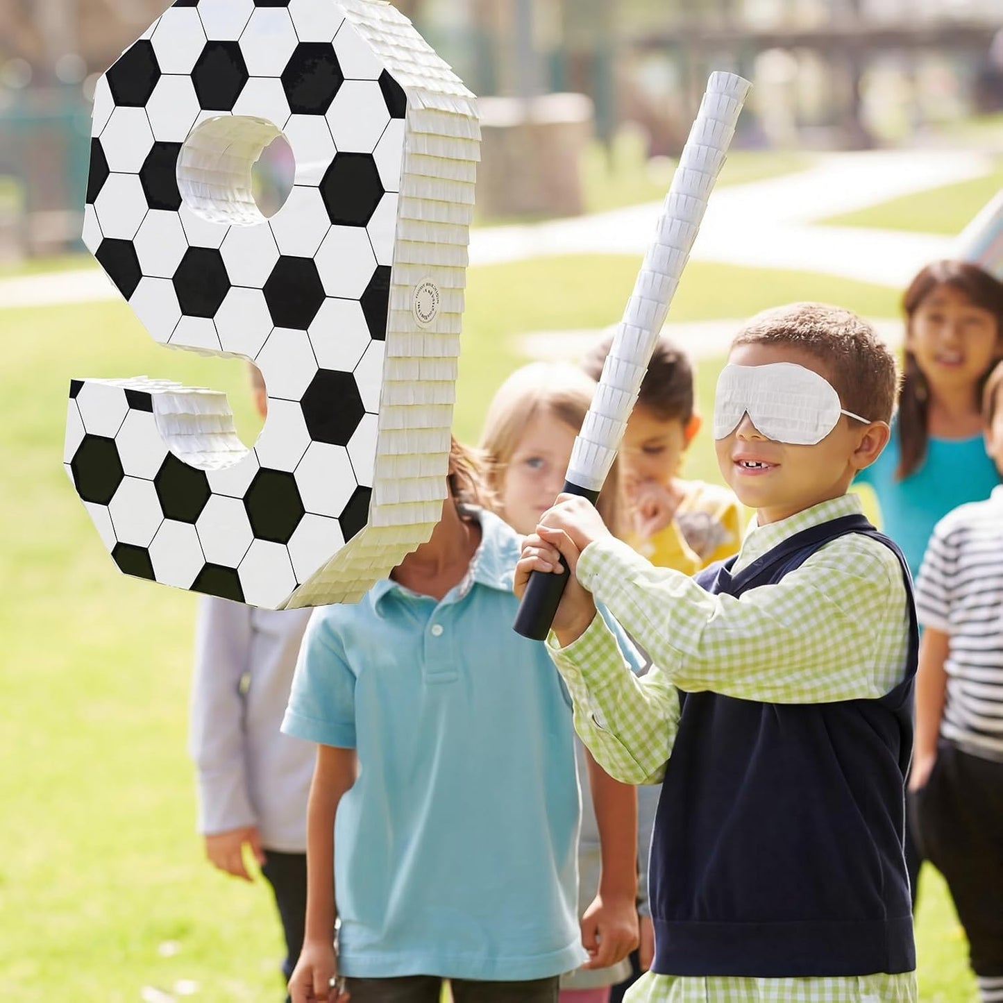 Gemscream Number 9 Soccer Piñata Bundle with Blindfold and Stick Small Piñata Party Decoration for Mexican Fiesta Cinco De Mayo School Anniversary Football Party Celebration Gift 15.75 x 11 x 2.8 in