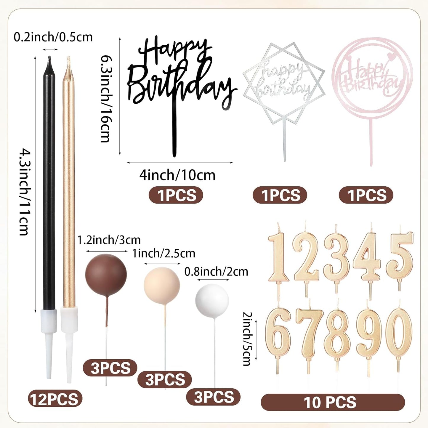 Yerliker 34 Pcs Happy Birthday Cake Toppers Decorations Birthday Candles DIY Cake Decor for Men Women Wedding Anniversary(Gold)