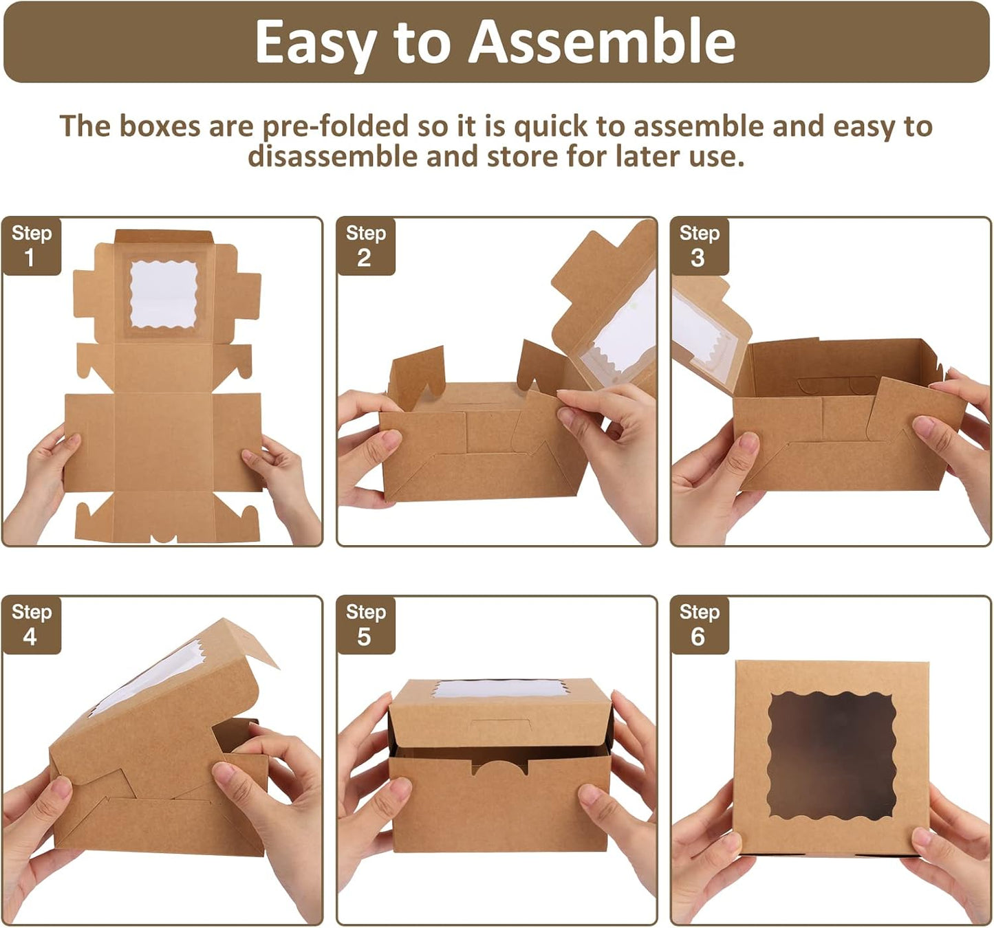 Moretoes 15pcs Cookie Boxes with Window, 6x6x3in Brown Bakery Boxes for Treats, Small Cake, Desserts, Donuts, Pastry