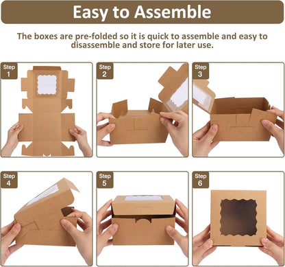 Moretoes 15pcs Cookie Boxes with Window, 6x6x3in Brown Bakery Boxes for Treats, Small Cake, Desserts, Donuts, Pastry