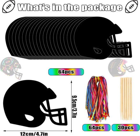 Syhood 64 Pcs Football Scratch Paper Crafts Kit Rainbow Football Helmet Scratch Cards Ornaments with Wooden Stylus and Ribbons for Crafts Painting Party Supplies