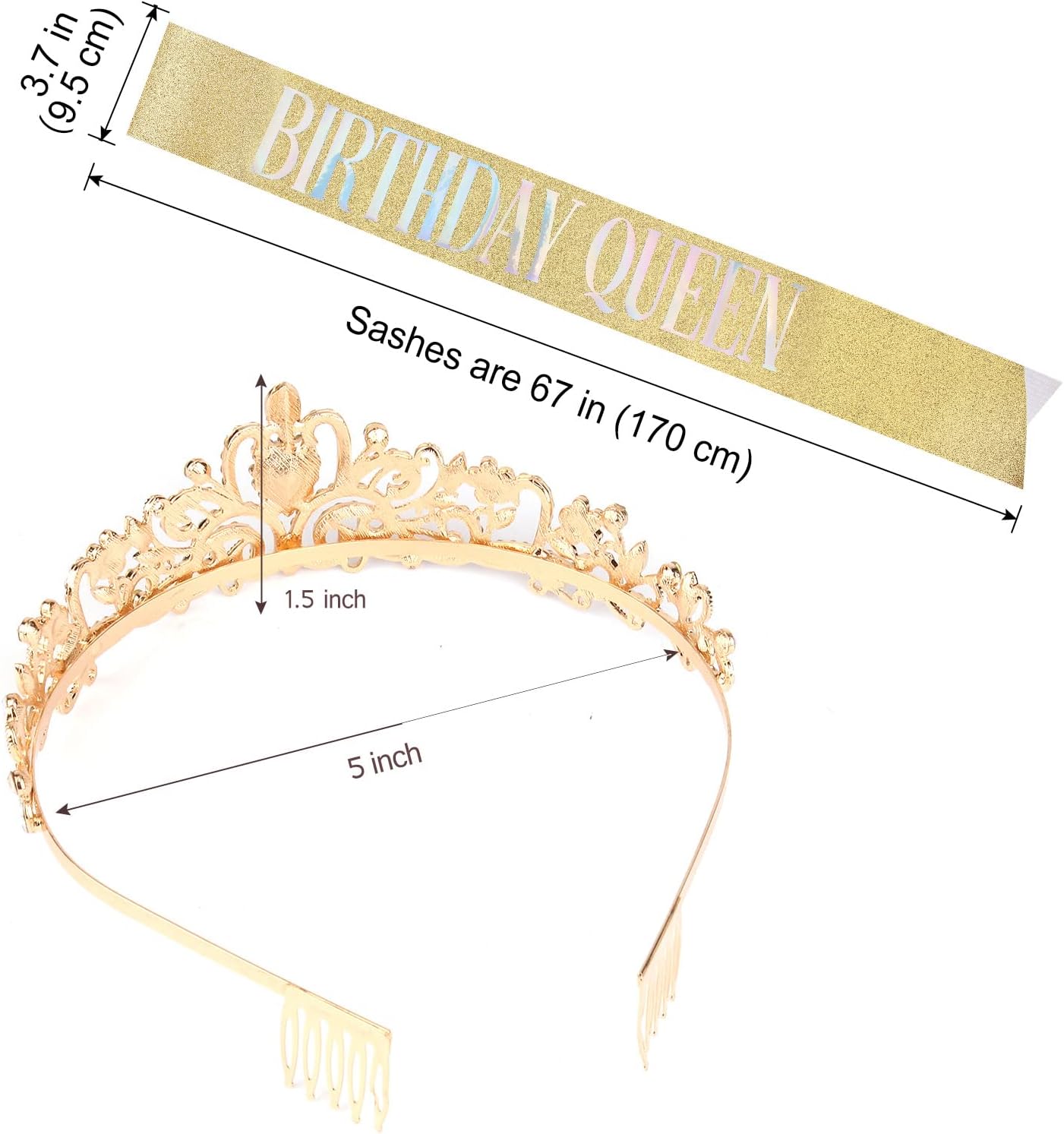 COCIDE Birthday Queen Sash & Rhinestone Tiara Set Gold Happy Birthday Crowns for Women Party Decoration Kit Rhinestone Headband for Women Glitter Crystal Hair Accessories for Cake Topper