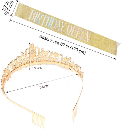 COCIDE Birthday Queen Sash & Rhinestone Tiara Set Gold Happy Birthday Crowns for Women Party Decoration Kit Rhinestone Headband for Women Glitter Crystal Hair Accessories for Cake Topper