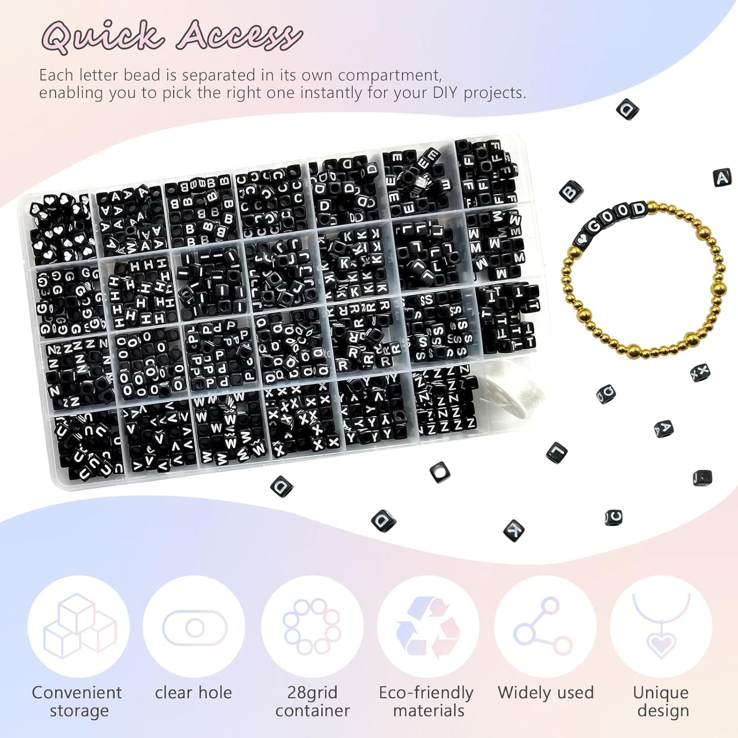 Amaney 1400pcs Glow Letter Beads, Heart Beads Whit Elastic Beading Cord,4x7mm Round Acrylic Alphabet Beads for Friend Bracelet Jewelry Making