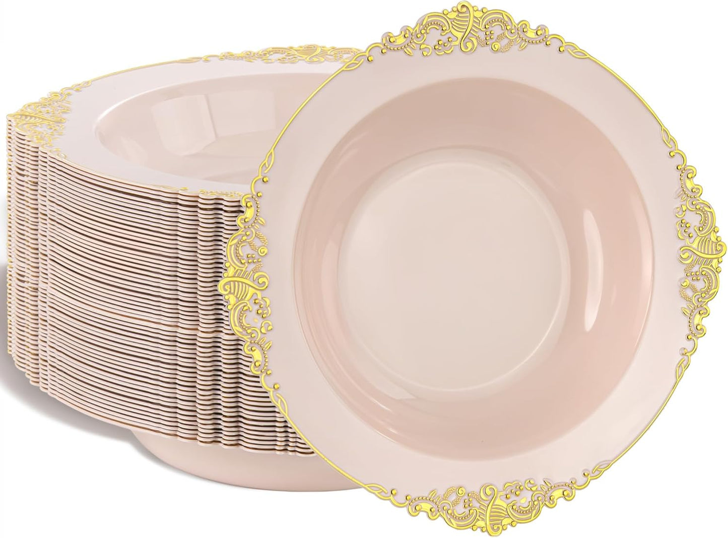 Nervure 50 Pack White Plastic Bowls with Gold Rim - 12oz Disposable Soup Bowls - Heavy Duty Dessert Bowl, Salad Bowl Perfect for Weddings, Parties, Mothers Day