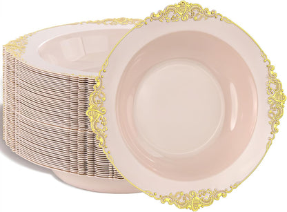 Nervure 50 Pack White Plastic Bowls with Gold Rim - 12oz Disposable Soup Bowls - Heavy Duty Dessert Bowl, Salad Bowl Perfect for Weddings, Parties, Mothers Day