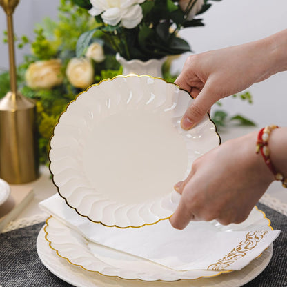 Lullaby 60PCS Ivory Scalloped Plastic Plates with Gold Rim, Disposable Elegant Plates Include 30pcs Dinner Plate 10.25", 30pcs Plastic Dessert Plate 7.5", Perfect for Wedding and Party