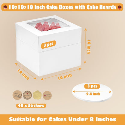 12x12x12 Inches Cake Boxes with Cake Boards, 3 Pack Premium Tall Cheesecake Boxes with Display Window for Christmas, Birthday, Wedding
