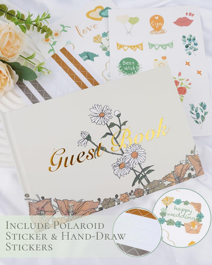 Guest Book for Wedding Reception, Party, Birthday, Polaroid GuestBook Retro Elegant Daisy Guest Sign In Book, Anniversary Sign Book Alternatives, 200 Blank Pages(100 sheets), 8.7"x5.9"