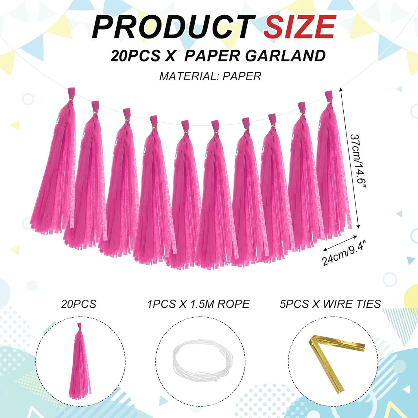MECCANIXITY 20Pcs Tassel Garland Banner Tissue Paper for Streamers Party Decorations, Valentine's Day Birthday Decor for Women with Rope and Tie Wire (Pink, 14.6Inch)