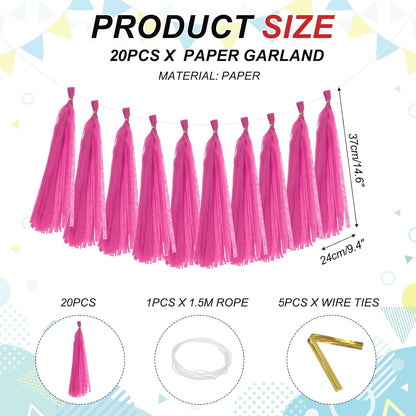 MECCANIXITY 20Pcs Tassel Garland Banner Tissue Paper for Streamers Party Decorations, Valentine's Day Birthday Decor for Women with Rope and Tie Wire (Pink, 14.6Inch)