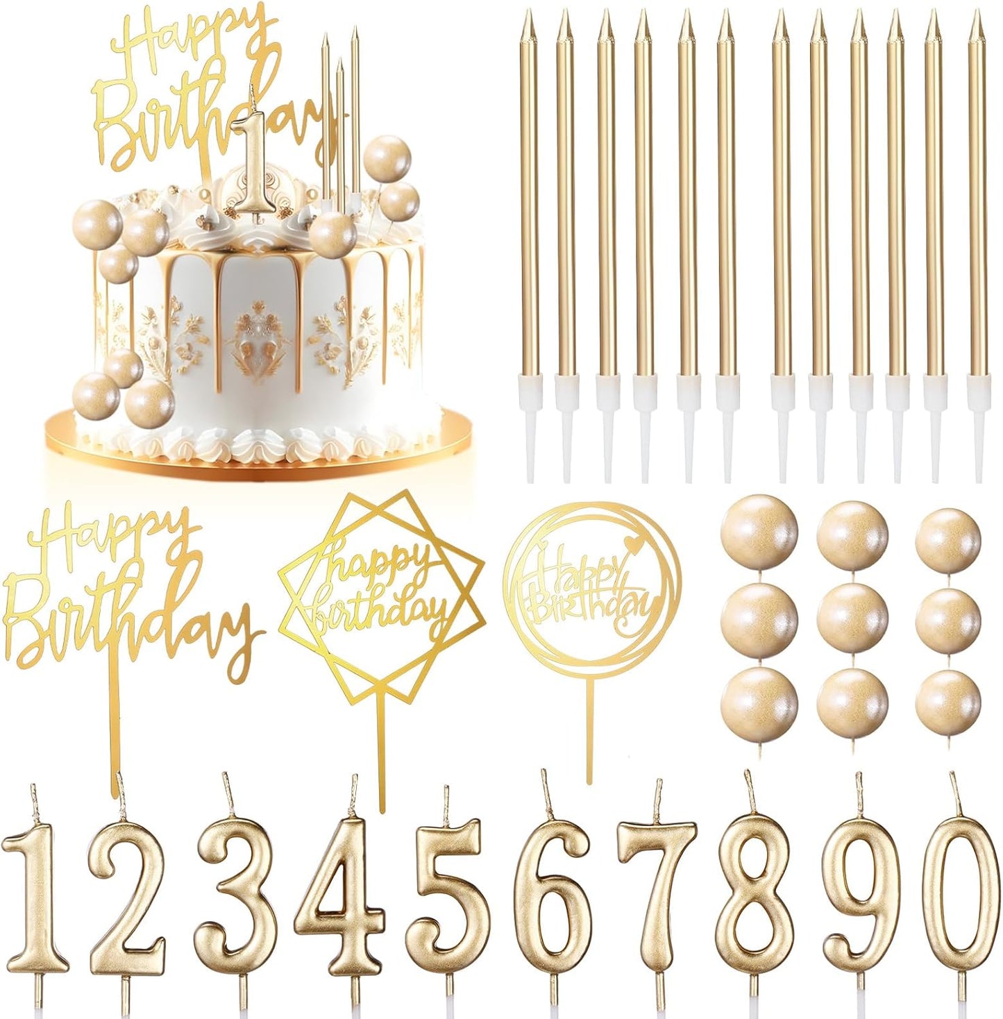 Yerliker 34 Pcs Happy Birthday Cake Toppers Decorations Birthday Candles DIY Cake Decor for Men Women Wedding Anniversary(Gold)