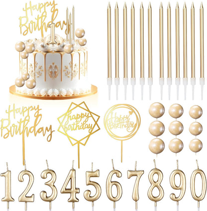 Yerliker 34 Pcs Happy Birthday Cake Toppers Decorations Birthday Candles DIY Cake Decor for Men Women Wedding Anniversary(Gold)