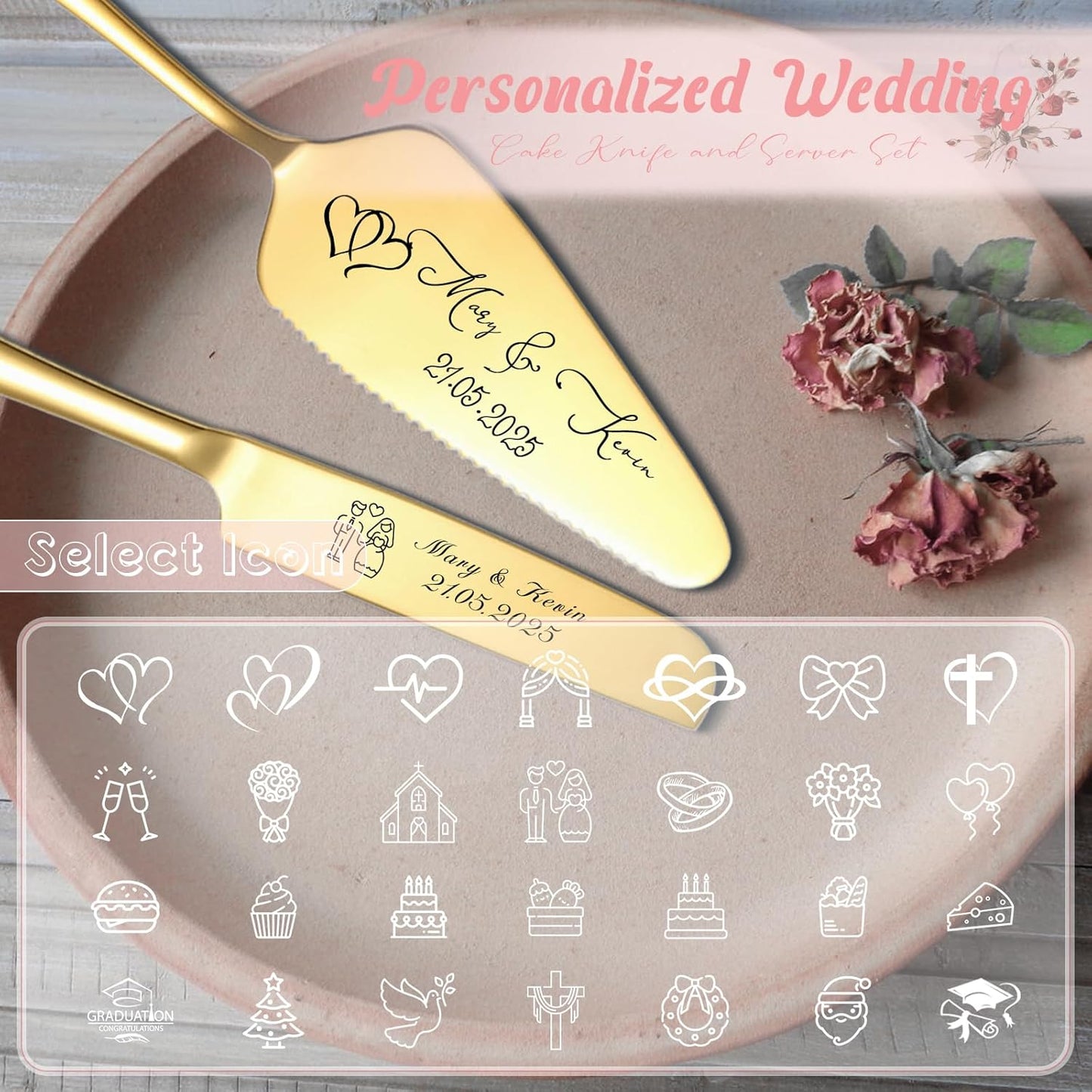 Personalized Cake Cutter Custom Wedding Cake Knife and Server Set Stainless Steel Cake Cutting Set Customize Gifts for Wedding Birthday (Black)