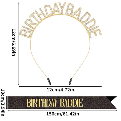 Aprince Birthday Baddie Sash and Tiara Crown for Women Girls Black Gold Happy Birthday Headband Accessiores Party Decorations
