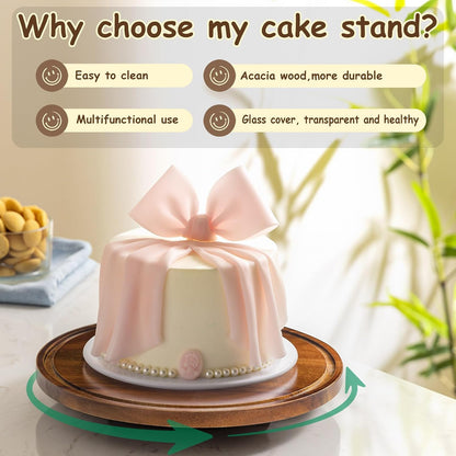 Yangbaga Glass Cake Stand with Lid,11in Wooden Rotating Cake Stand with Dome Cover, Cake Plate Display Server Tray for Birthday Kitchen Party