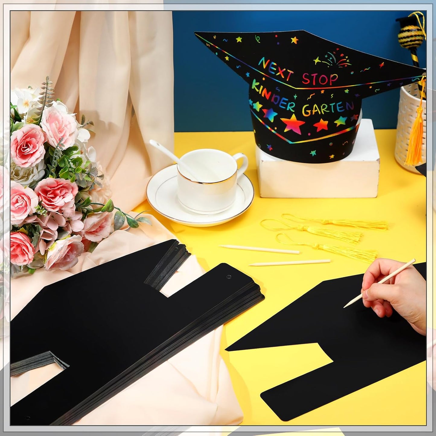 Qilery Graduation Paper Hat Craft Kit, 60 Set Black Scratch Grad Crowns, DIY Arts and Crafts for Kids Graduation Birthday Party Favor Classroom Activity